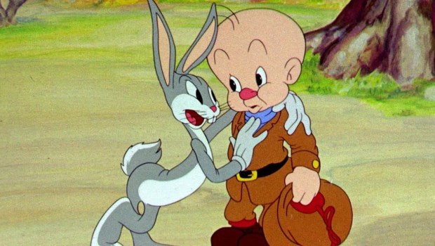 Los personajes de dibujos animados, los clásicos Bugs Bunny y Elmer.