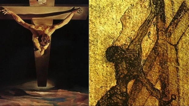 La Crucifixión vista desde arriba, desde la mirada del Padre, en un perspectiva impactante que Dalí tomó para su pintura (izq.) de un dibujo de San Juan de la Cruz (der.).