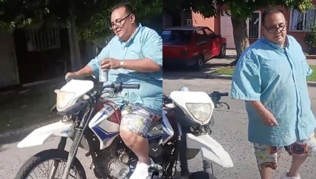 Escrachan a un agente de tránsito que iba en una moto sin patente y con una lata de cerveza en la mano 